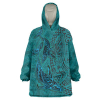 Hawaiian Whales Polynesian Art Motifs Wearable Blanket Hoodie Turquoise Color LT03 One Size Turquoise - Polynesian Pride