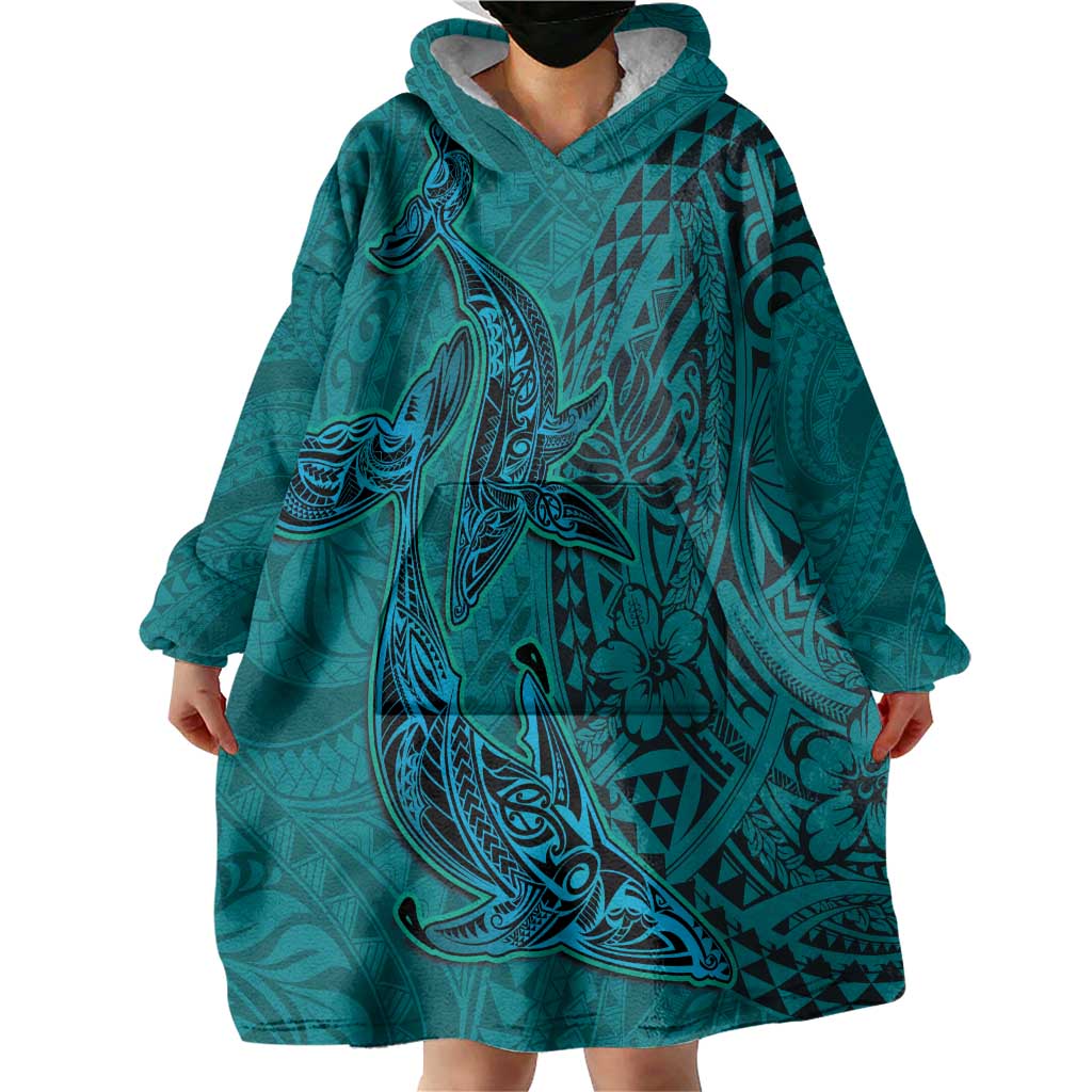 Hawaiian Whales Polynesian Art Motifs Wearable Blanket Hoodie Turquoise Color LT03 - Polynesian Pride