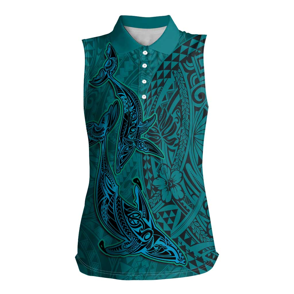Hawaiian Whales Polynesian Art Motifs Women Sleeveless Polo Shirt Turquoise Color LT03 Female Turquoise - Polynesian Pride