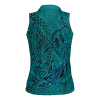 Hawaiian Whales Polynesian Art Motifs Women Sleeveless Polo Shirt Turquoise Color LT03 - Polynesian Pride