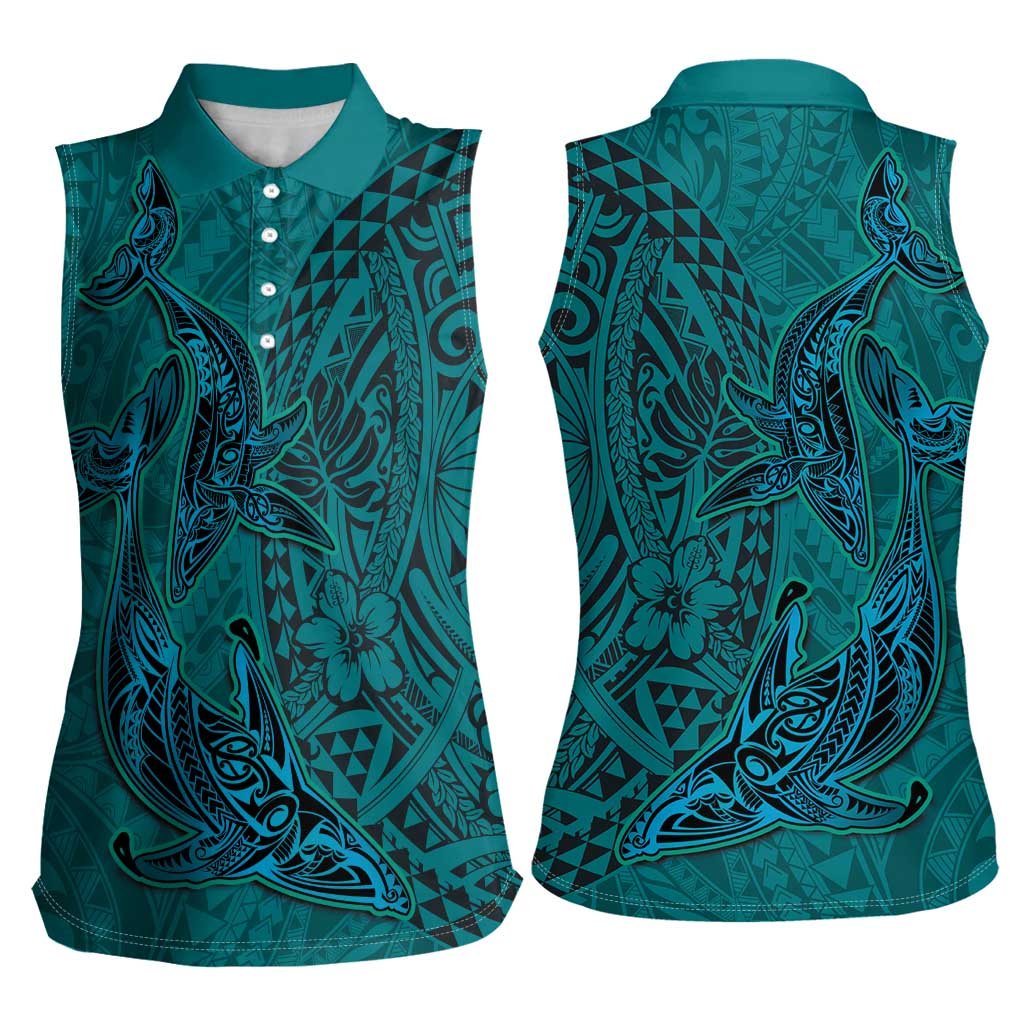Hawaiian Whales Polynesian Art Motifs Women Sleeveless Polo Shirt Turquoise Color LT03 - Polynesian Pride