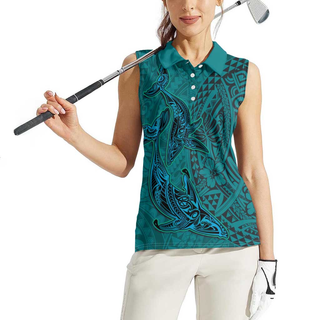 Hawaiian Whales Polynesian Art Motifs Women Sleeveless Polo Shirt Turquoise Color LT03 - Polynesian Pride