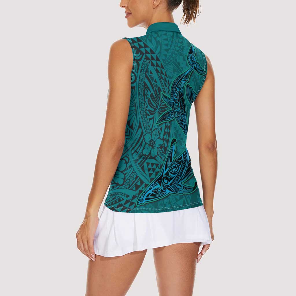 Hawaiian Whales Polynesian Art Motifs Women Sleeveless Polo Shirt Turquoise Color LT03 - Polynesian Pride