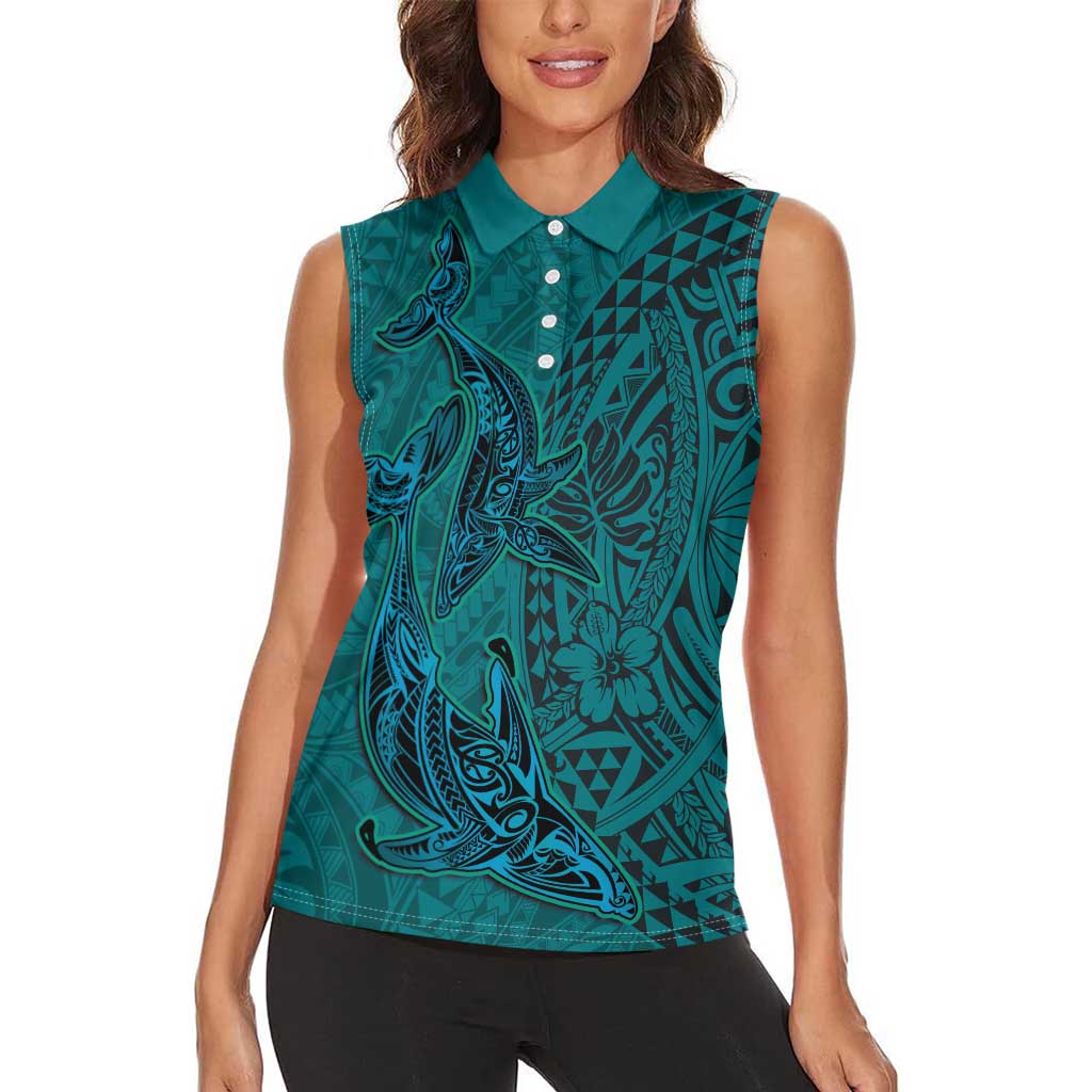Hawaiian Whales Polynesian Art Motifs Women Sleeveless Polo Shirt Turquoise Color LT03 - Polynesian Pride