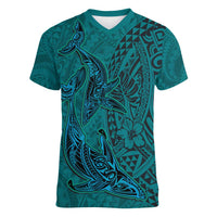 Hawaiian Whales Polynesian Art Motifs Women V-Neck T-Shirt Turquoise Color LT03 Female Turquoise - Polynesian Pride