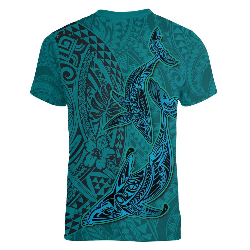 Hawaiian Whales Polynesian Art Motifs Women V-Neck T-Shirt Turquoise Color LT03 - Polynesian Pride