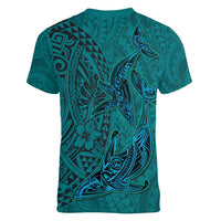 Hawaiian Whales Polynesian Art Motifs Women V-Neck T-Shirt Turquoise Color LT03 - Polynesian Pride