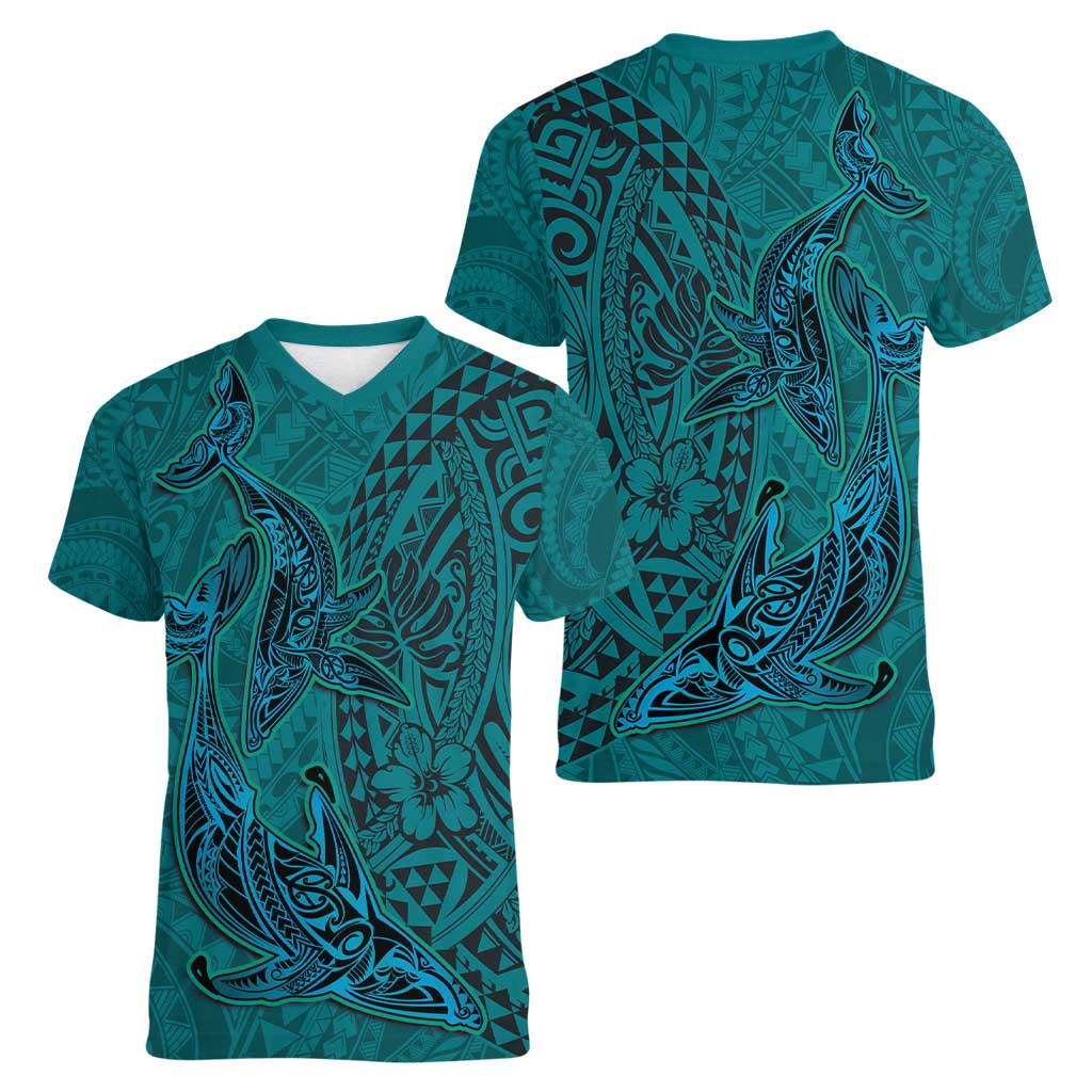 Hawaiian Whales Polynesian Art Motifs Women V-Neck T-Shirt Turquoise Color LT03 - Polynesian Pride