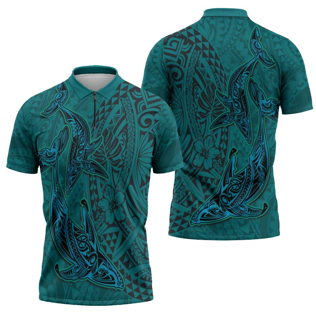 Hawaiian Whales Polynesian Art Motifs Zipper Polo Shirt Turquoise Color LT03 - Polynesian Pride
