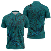 Hawaiian Whales Polynesian Art Motifs Zipper Polo Shirt Turquoise Color LT03 - Polynesian Pride