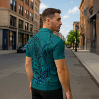 Hawaiian Whales Polynesian Art Motifs Zipper Polo Shirt Turquoise Color LT03 - Polynesian Pride