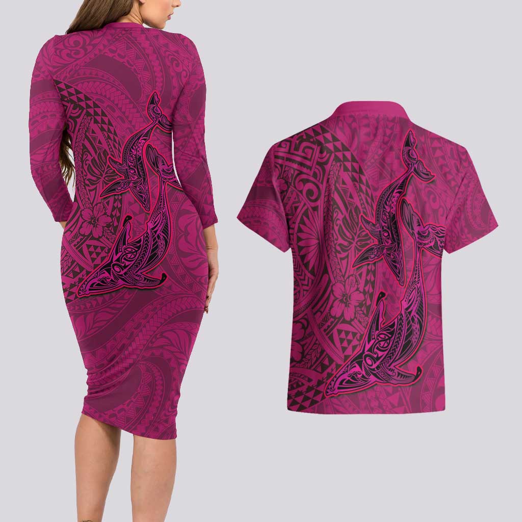 Hawaiian Whales Polynesian Art Motifs Couples Matching Long Sleeve Bodycon Dress and Hawaiian Shirt Pink Color LT03 - Polynesian Pride