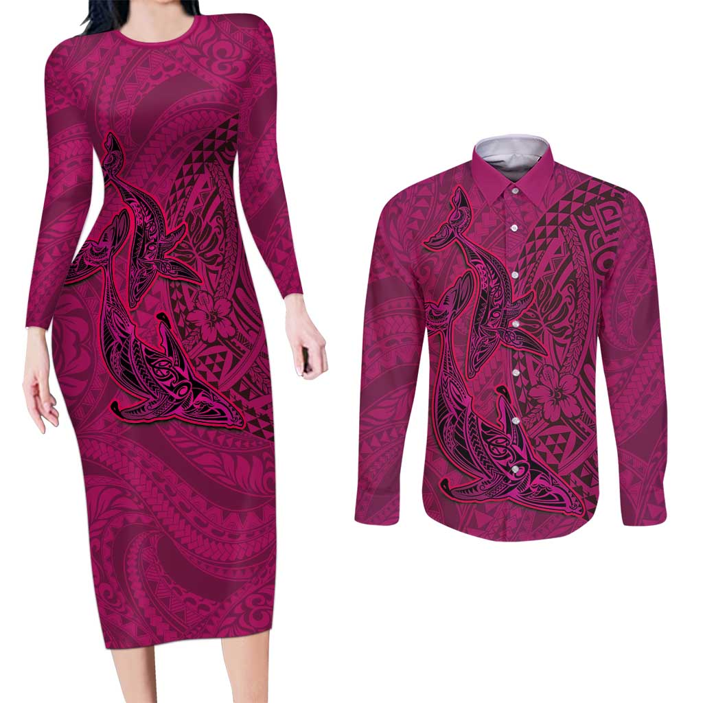 Hawaiian Whales Polynesian Art Motifs Couples Matching Long Sleeve Bodycon Dress and Long Sleeve Button Shirt Pink Color LT03 Pink - Polynesian Pride