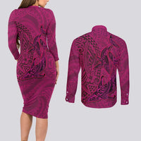 Hawaiian Whales Polynesian Art Motifs Couples Matching Long Sleeve Bodycon Dress and Long Sleeve Button Shirt Pink Color LT03 - Polynesian Pride