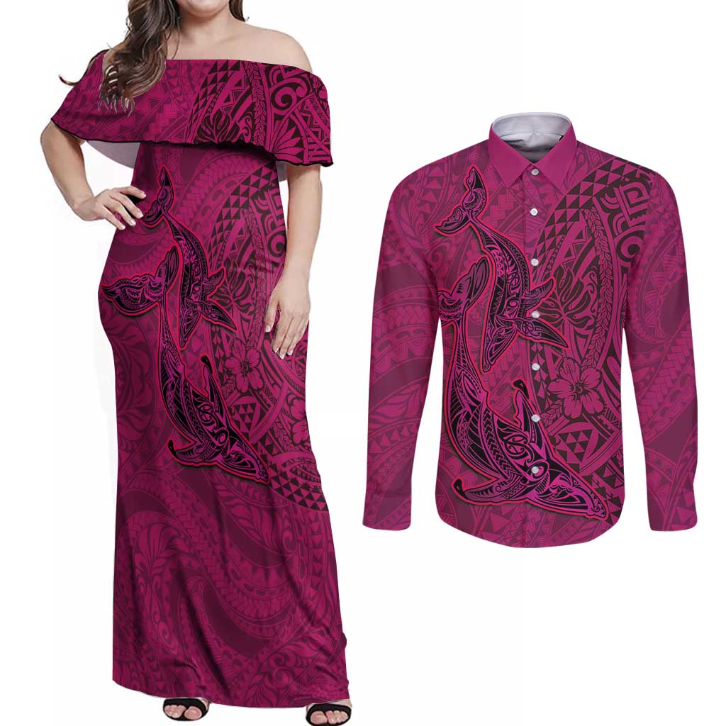 Hawaiian Whales Polynesian Art Motifs Couples Matching Off Shoulder Maxi Dress and Long Sleeve Button Shirt Pink Color LT03 Pink - Polynesian Pride
