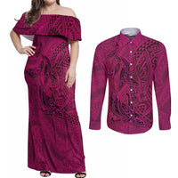 Hawaiian Whales Polynesian Art Motifs Couples Matching Off Shoulder Maxi Dress and Long Sleeve Button Shirt Pink Color LT03 Pink - Polynesian Pride