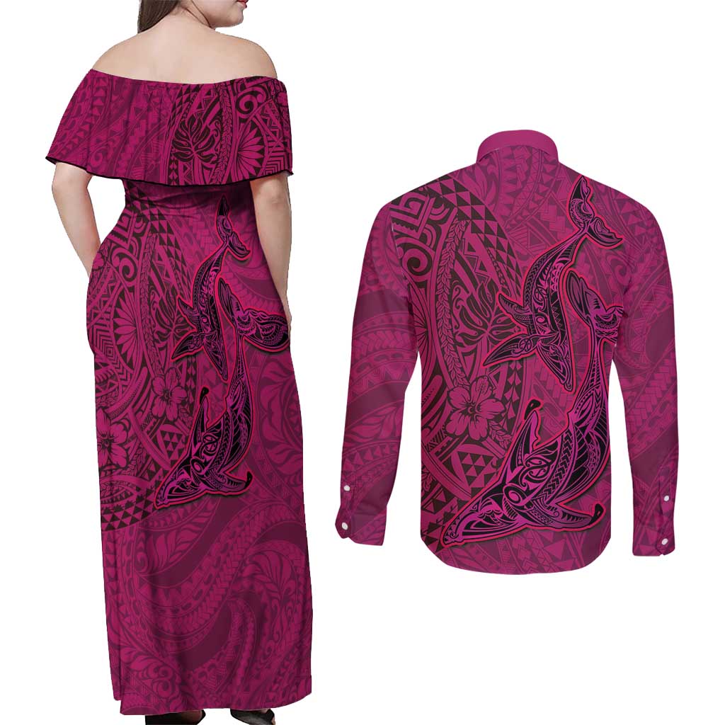 Hawaiian Whales Polynesian Art Motifs Couples Matching Off Shoulder Maxi Dress and Long Sleeve Button Shirt Pink Color LT03 - Polynesian Pride