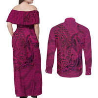 Hawaiian Whales Polynesian Art Motifs Couples Matching Off Shoulder Maxi Dress and Long Sleeve Button Shirt Pink Color LT03 - Polynesian Pride