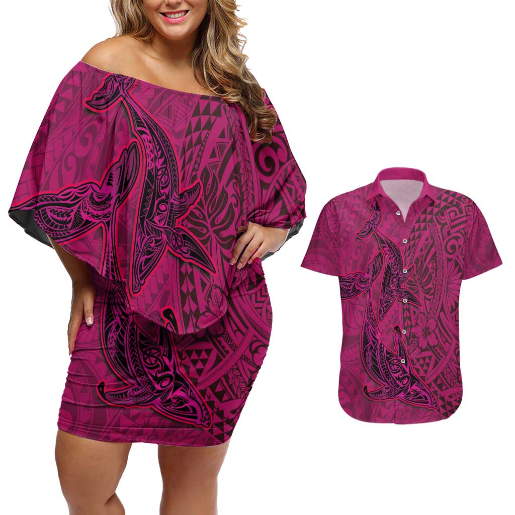 Hawaiian Whales Polynesian Art Motifs Couples Matching Off Shoulder Short Dress and Hawaiian Shirt Pink Color LT03 Pink - Polynesian Pride