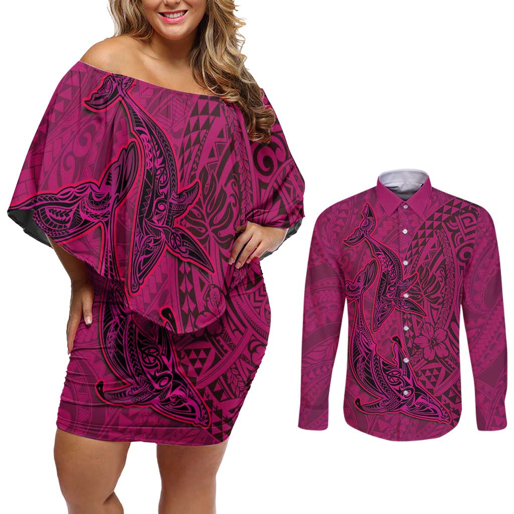 Hawaiian Whales Polynesian Art Motifs Couples Matching Off Shoulder Short Dress and Long Sleeve Button Shirt Pink Color LT03 Pink - Polynesian Pride