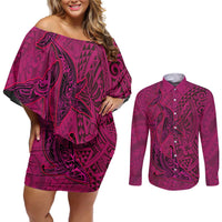 Hawaiian Whales Polynesian Art Motifs Couples Matching Off Shoulder Short Dress and Long Sleeve Button Shirt Pink Color LT03 Pink - Polynesian Pride