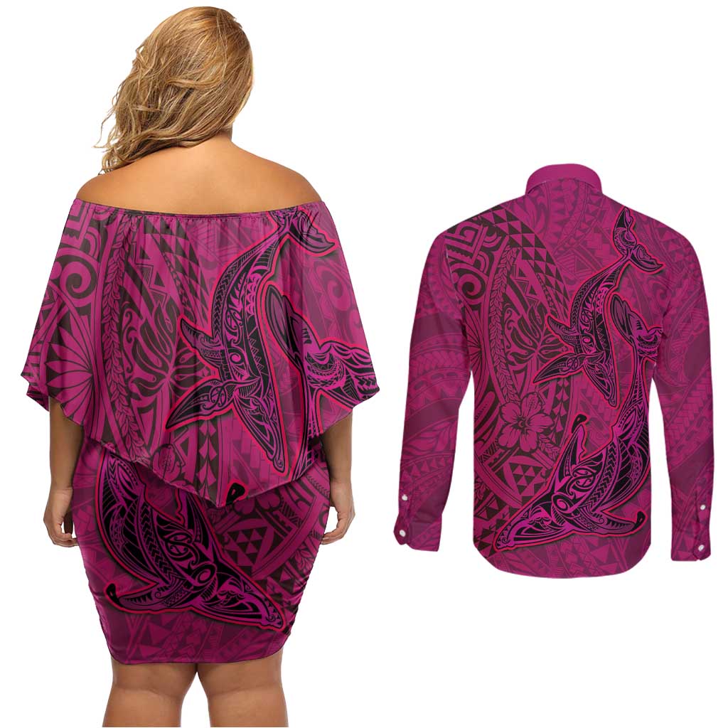 Hawaiian Whales Polynesian Art Motifs Couples Matching Off Shoulder Short Dress and Long Sleeve Button Shirt Pink Color LT03 - Polynesian Pride