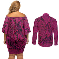 Hawaiian Whales Polynesian Art Motifs Couples Matching Off Shoulder Short Dress and Long Sleeve Button Shirt Pink Color LT03 - Polynesian Pride