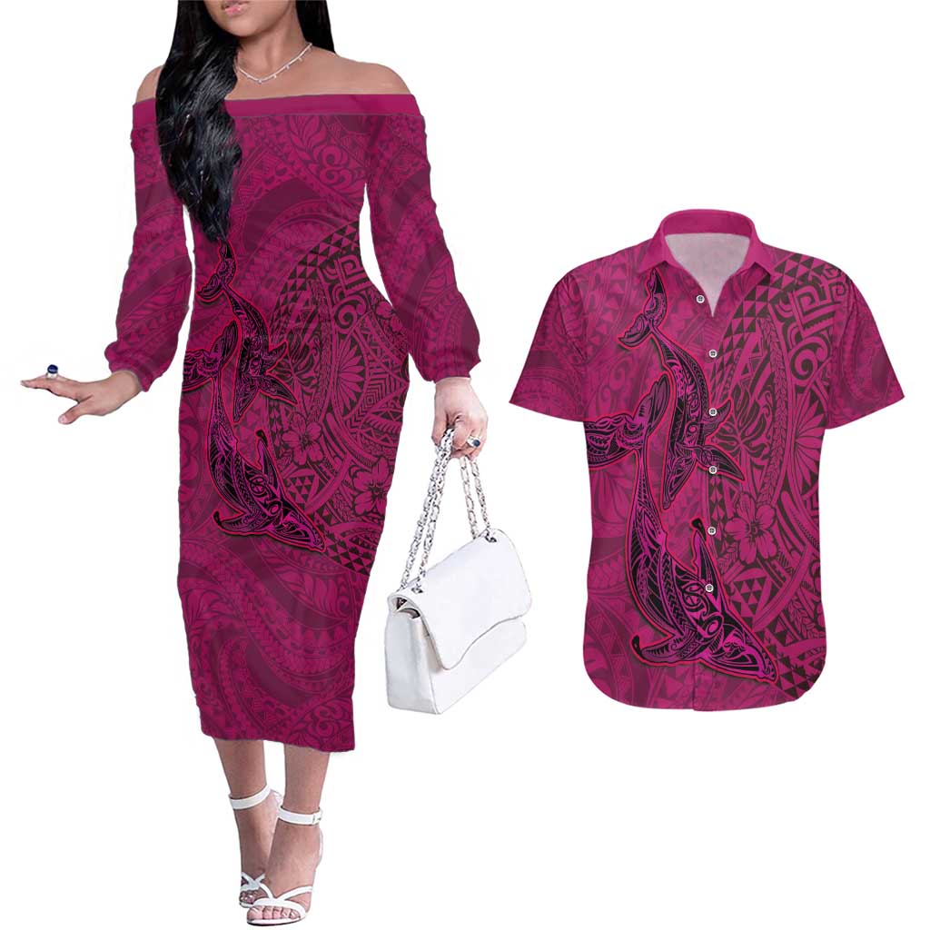 Hawaiian Whales Polynesian Art Motifs Couples Matching Off The Shoulder Long Sleeve Dress and Hawaiian Shirt Pink Color LT03 Pink - Polynesian Pride