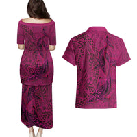 Hawaiian Whales Polynesian Art Motifs Couples Matching Puletasi and Hawaiian Shirt Pink Color LT03 - Polynesian Pride
