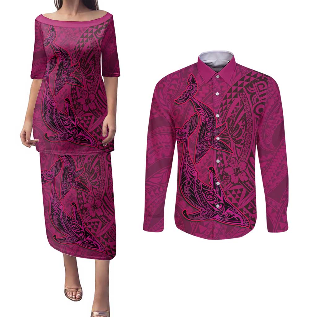 Hawaiian Whales Polynesian Art Motifs Couples Matching Puletasi and Long Sleeve Button Shirt Pink Color LT03 Pink - Polynesian Pride
