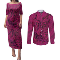 Hawaiian Whales Polynesian Art Motifs Couples Matching Puletasi and Long Sleeve Button Shirt Pink Color LT03 Pink - Polynesian Pride