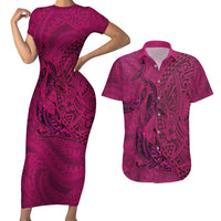 Hawaiian Whales Polynesian Art Motifs Couples Matching Short Sleeve Bodycon Dress and Hawaiian Shirt Pink Color LT03 Pink - Polynesian Pride