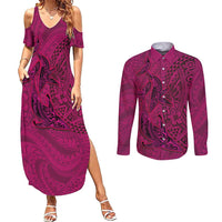 Hawaiian Whales Polynesian Art Motifs Couples Matching Summer Maxi Dress and Long Sleeve Button Shirt Pink Color LT03 Pink - Polynesian Pride
