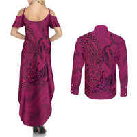 Hawaiian Whales Polynesian Art Motifs Couples Matching Summer Maxi Dress and Long Sleeve Button Shirt Pink Color LT03 - Polynesian Pride