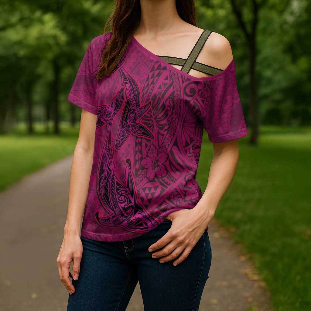 Hawaiian Whales Polynesian Art Motifs Cross Shoulder Shirt Pink Color - Polynesian Pride