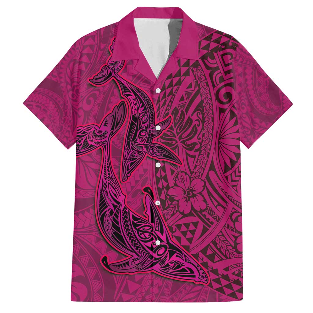 Hawaiian Whales Polynesian Art Motifs Family Matching Long Sleeve Bodycon Dress and Hawaiian Shirt Pink Color LT03 Dad's Shirt - Short Sleeve Pink - Polynesian Pride