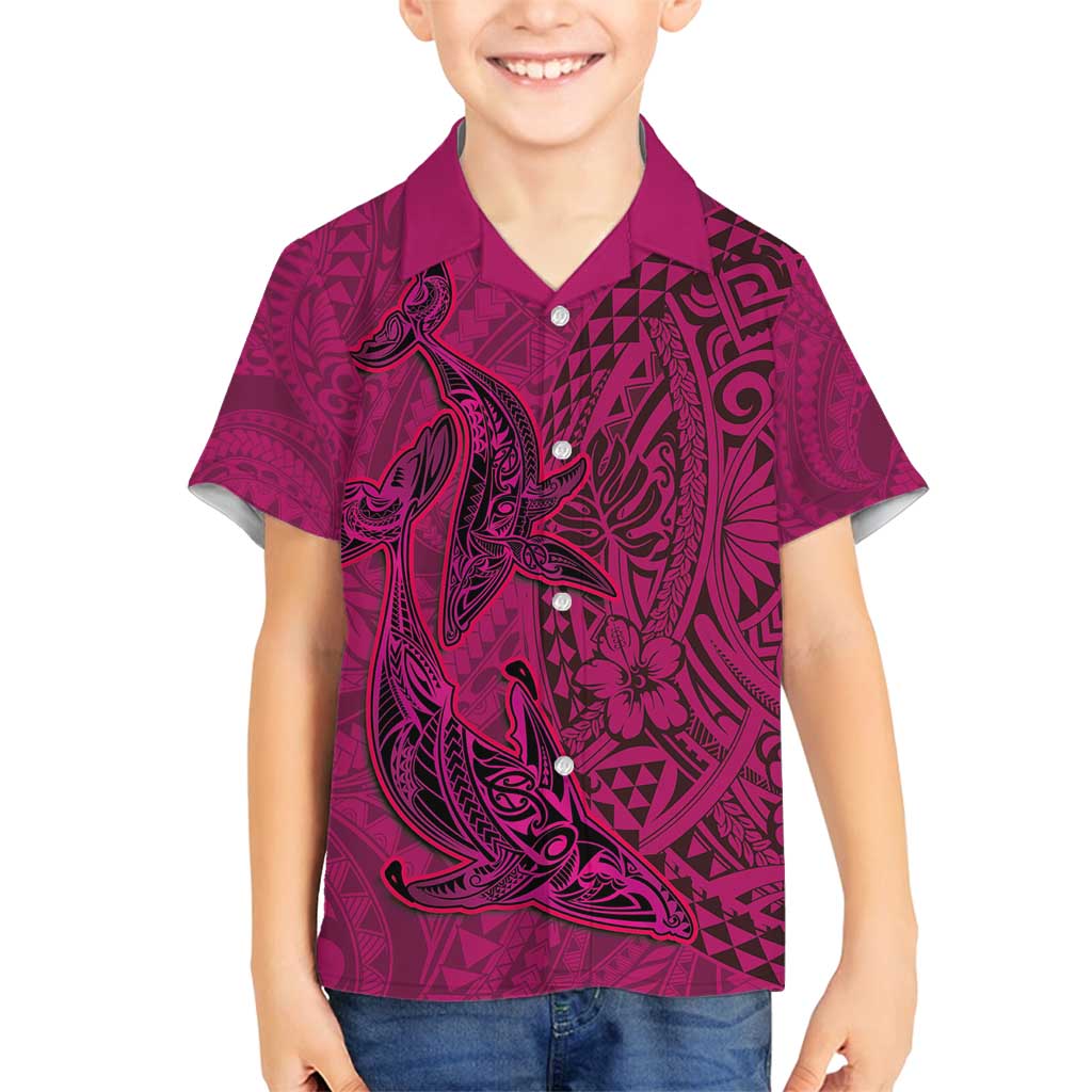 Hawaiian Whales Polynesian Art Motifs Family Matching Long Sleeve Bodycon Dress and Hawaiian Shirt Pink Color LT03 Son's Shirt Pink - Polynesian Pride