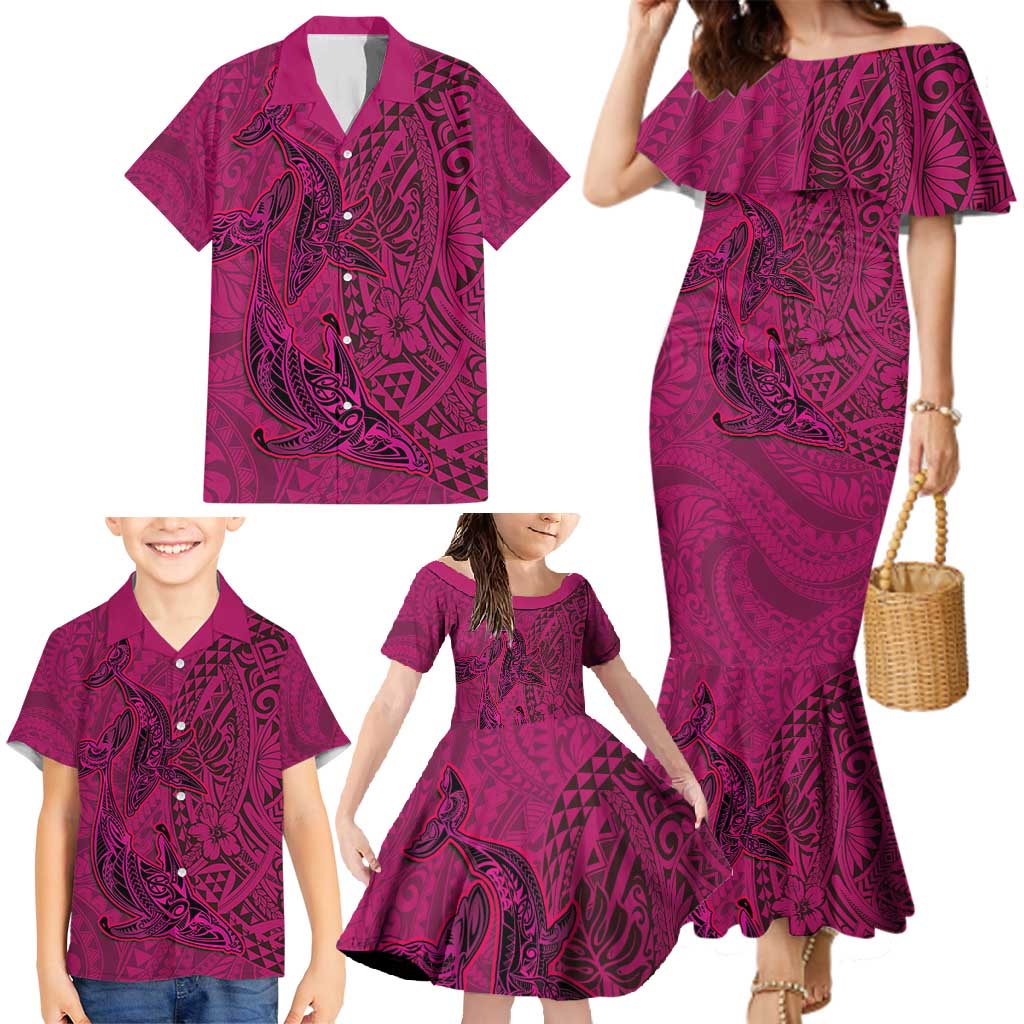 Hawaiian Whales Polynesian Art Motifs Family Matching Mermaid Dress and Hawaiian Shirt Pink Color LT03 - Polynesian Pride
