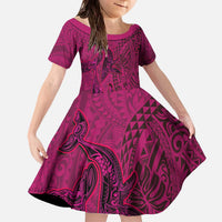 Hawaiian Whales Polynesian Art Motifs Family Matching Off The Shoulder Long Sleeve Dress and Hawaiian Shirt Pink Color LT03 Daughter's Dress Pink - Polynesian Pride