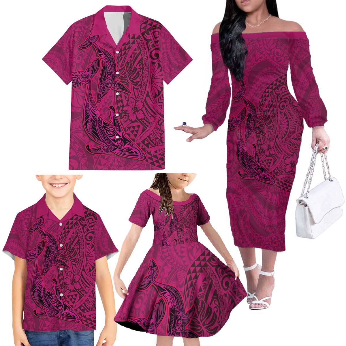 Hawaiian Whales Polynesian Art Motifs Family Matching Off The Shoulder Long Sleeve Dress and Hawaiian Shirt Pink Color LT03 - Polynesian Pride