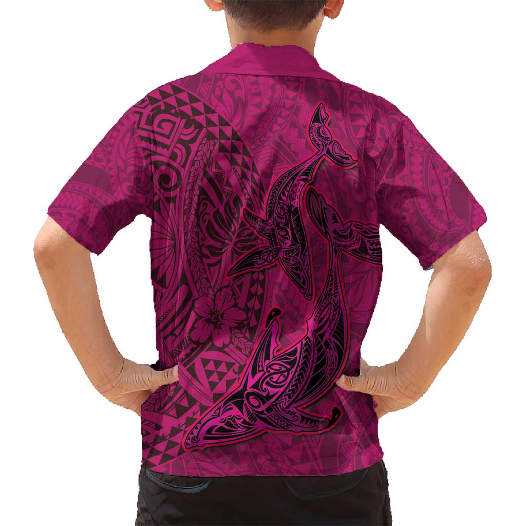 Hawaiian Whales Polynesian Art Motifs Family Matching Off Shoulder Maxi Dress and Hawaiian Shirt Pink Color LT03 - Polynesian Pride