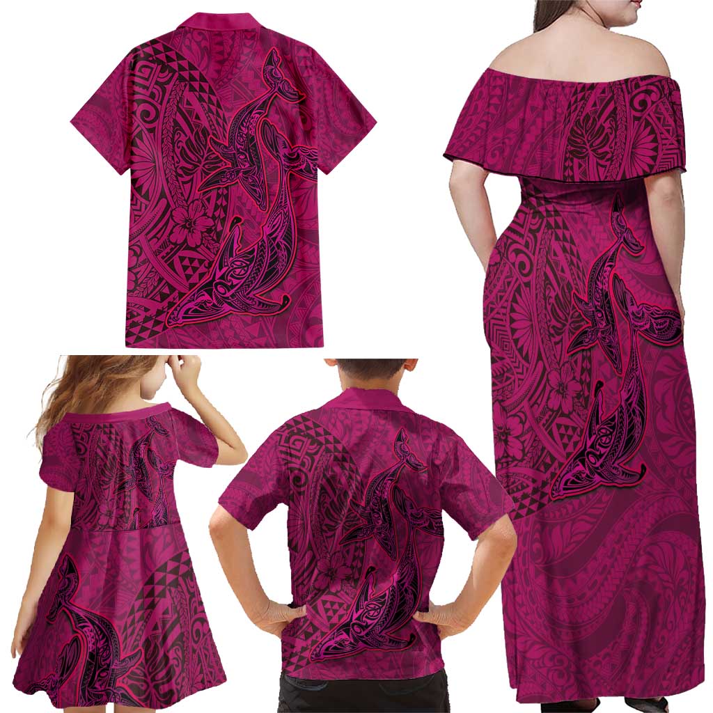Hawaiian Whales Polynesian Art Motifs Family Matching Off Shoulder Maxi Dress and Hawaiian Shirt Pink Color LT03 - Polynesian Pride