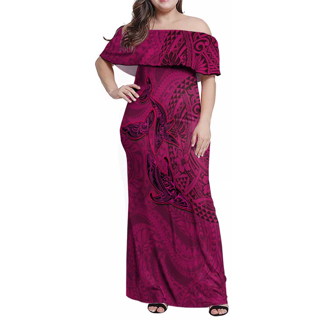 Hawaiian Whales Polynesian Art Motifs Family Matching Off Shoulder Maxi Dress and Hawaiian Shirt Pink Color LT03 Mom's Dress Pink - Polynesian Pride