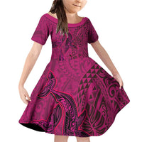 Hawaiian Whales Polynesian Art Motifs Family Matching Off Shoulder Short Dress and Hawaiian Shirt Pink Color LT03 Daughter's Dress Pink - Polynesian Pride