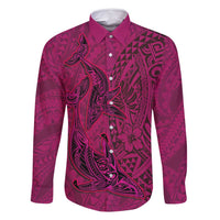 Hawaiian Whales Polynesian Art Motifs Family Matching Off Shoulder Short Dress and Hawaiian Shirt Pink Color LT03 Dad's Shirt - Long Sleeve Pink - Polynesian Pride