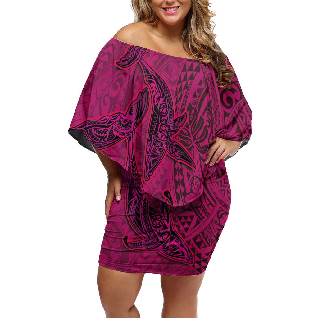 Hawaiian Whales Polynesian Art Motifs Family Matching Off Shoulder Short Dress and Hawaiian Shirt Pink Color LT03 Mom's Dress Pink - Polynesian Pride
