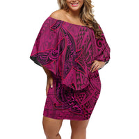 Hawaiian Whales Polynesian Art Motifs Family Matching Off Shoulder Short Dress and Hawaiian Shirt Pink Color LT03 Mom's Dress Pink - Polynesian Pride