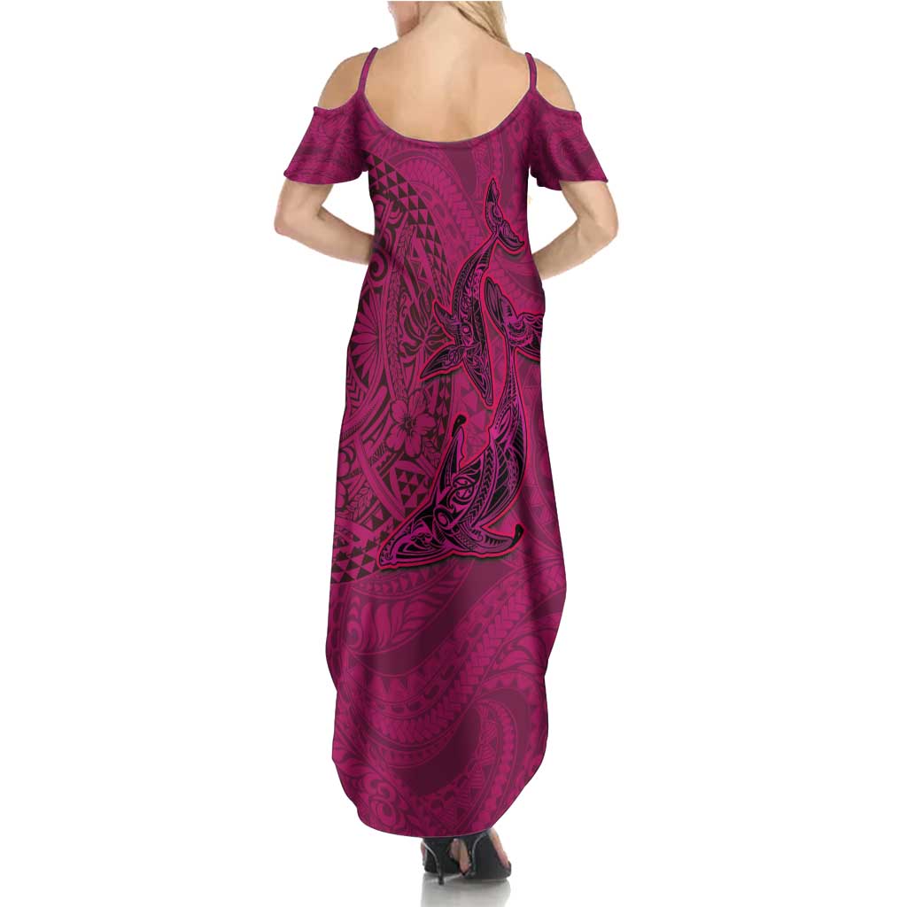 Hawaiian Whales Polynesian Art Motifs Family Matching Summer Maxi Dress and Hawaiian Shirt Pink Color LT03 - Polynesian Pride