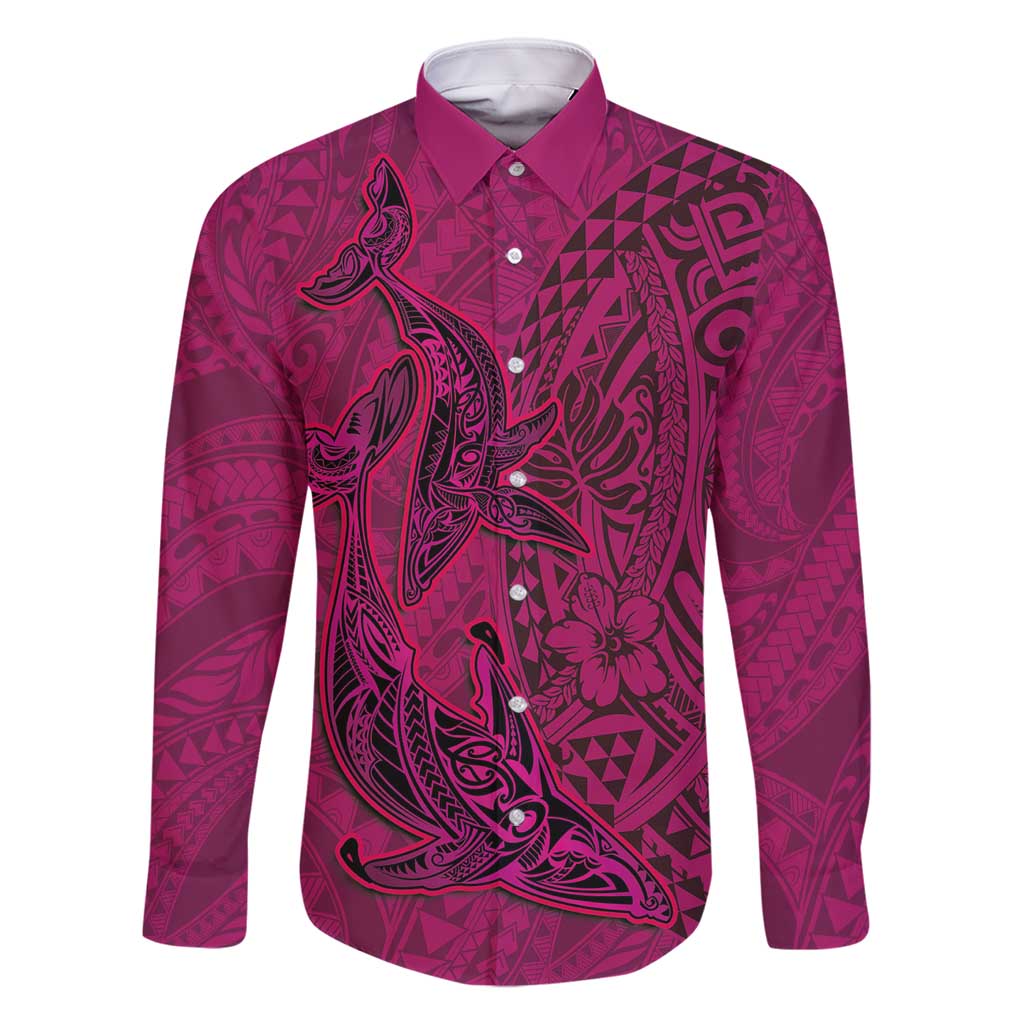 Hawaiian Whales Polynesian Art Motifs Family Matching Tank Maxi Dress and Hawaiian Shirt Pink Color LT03 Dad's Shirt - Long Sleeve Pink - Polynesian Pride