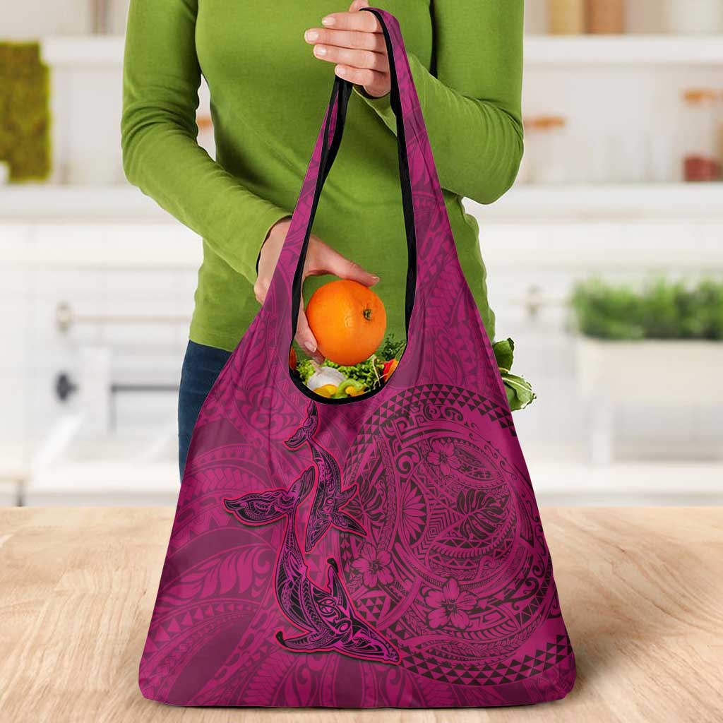 Hawaiian Whales Polynesian Art Motifs Grocery Bag Pink Color - Polynesian Pride